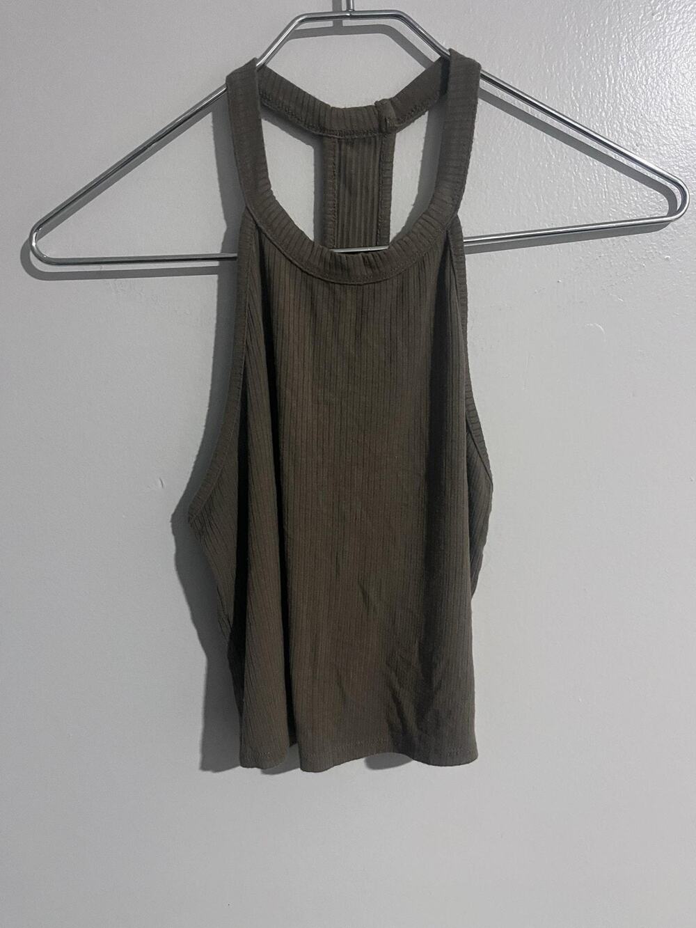 Bozzolo Tank Juniors L Green Cropped Halter Knit Stretch Ribbed Racerback Summer